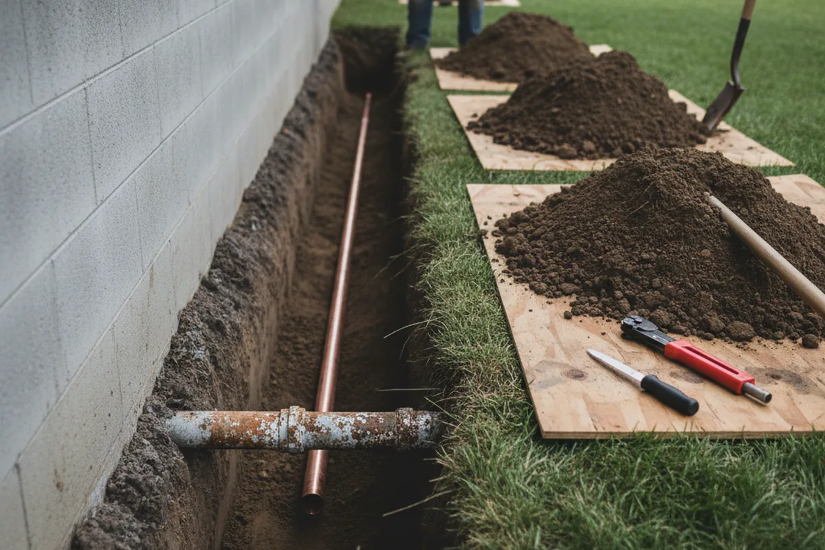 Excavated water line trench during Water Softener Installation in Donnellson